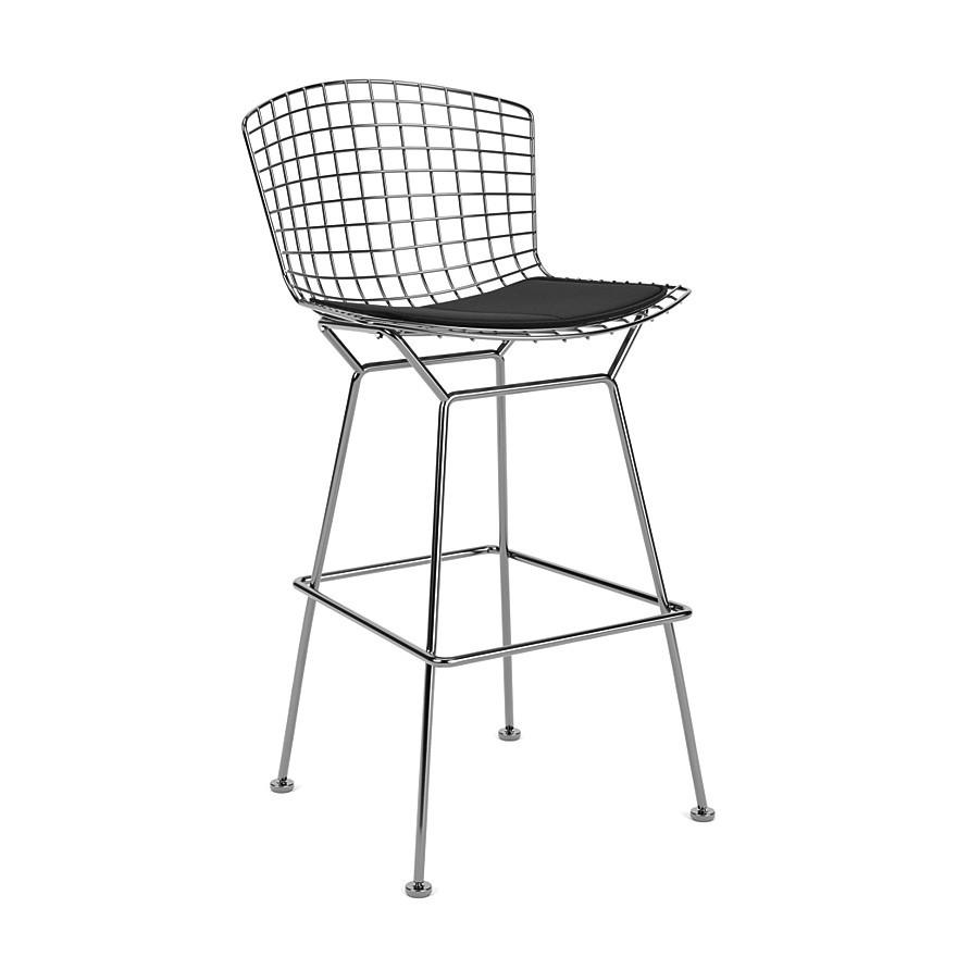 Krzesło barowe Bertoia Bar Stool z poduszką siedziska od Knoll, konstrukcja z chromowanej stali