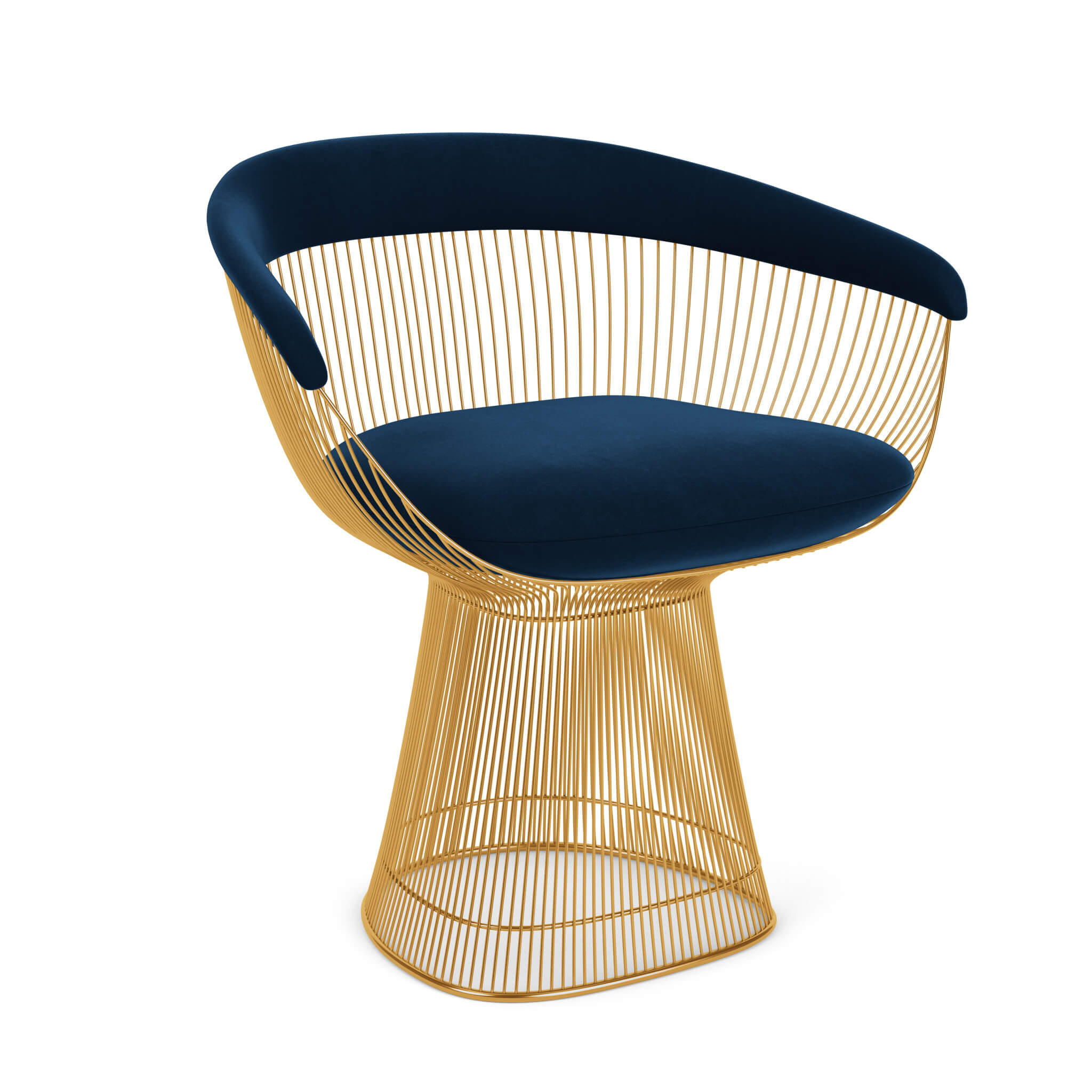 Krzesło Platner Side Chair marki knoll w wersji ze złotą podstawą i granatową tapicerką.